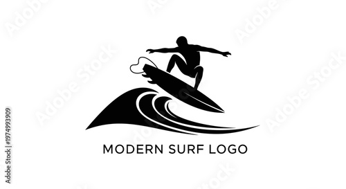 Dynamic Surfing Silhouette Logo Design on a Crashing Wave Minimalist Style