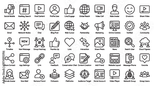 Social Media Marketing Icon Set with Labels for Network Platform Design, Community Management App Interface and Engagement Strategies