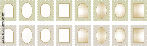 Elegant scalloped vintage frames set in beige tones with gold outlines and checkered details. Decorative retro label templates with oval, square and arch shapes for branding and packaging