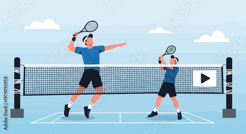 Dynamic Tennis Match On Court With Players And Net