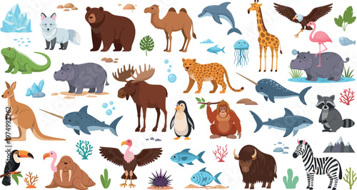 Global wildlife animals collection with land sea and arctic species lion giraffe shark penguin cartoon illustration set