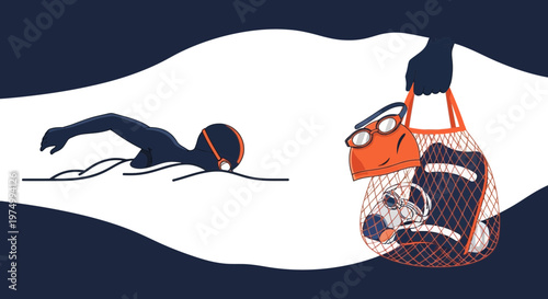 Dynamic Swimmer In Motion Next To Bag Of Aquatic Gear