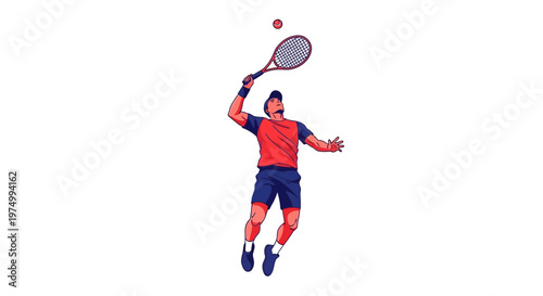 Dynamic Tennis Player Capturing Mid-Air Serve Action In Vector Style