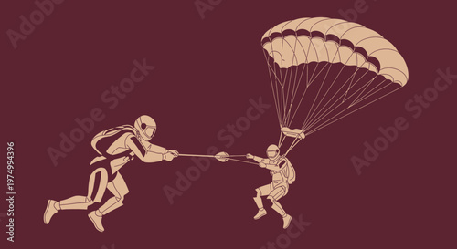 Dynamic Tandem Parachutists Connected Mid-Air