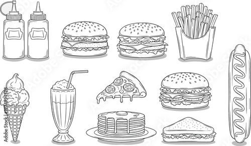 Fast Food Hand Drawn Vector Icon Set with Burgers, Fries, Pizza, Hot Dog, Pancakes, Sandwich, Ice Cream, and Sauce Bottles Illustration
