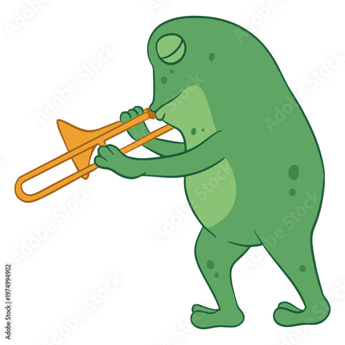Green frog performing with trumpet