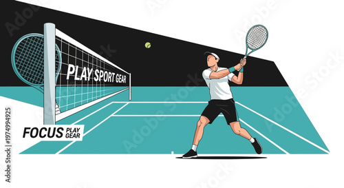 Dynamic Tennis Player In Action On Court With Net Sponsorship