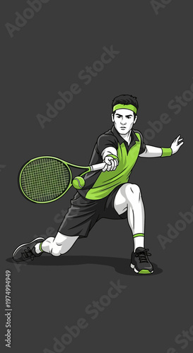 Dynamic Tennis Player In Action On Court With Racket