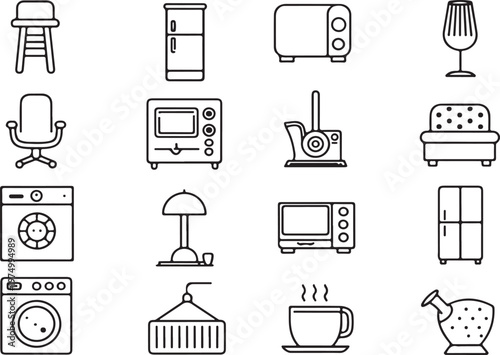 Collection of outline icons featuring home appliances furniture kitchenware such as refrigerators microwaves chairs