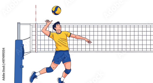 Dynamic Volleyball Player Executes Powerful Spike Over Net