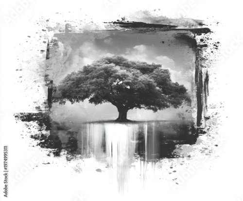 tree silhouette grunge , black and white illustration isolated on white background