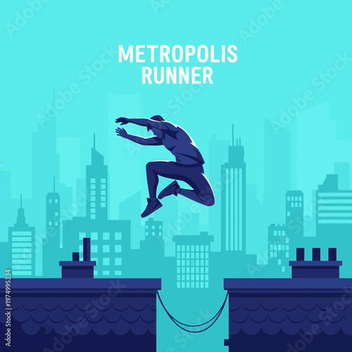 Dynamic Urban Athlete Leaping Across City Rooftops In An Exciting Metropolis Adventure