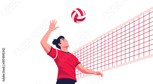 Dynamic Volleyball Player Performing An Aerial Spike Action Next To The Net