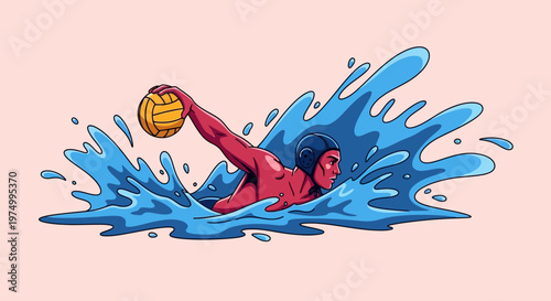 Dynamic Water Polo Player Action Splash Illustration
