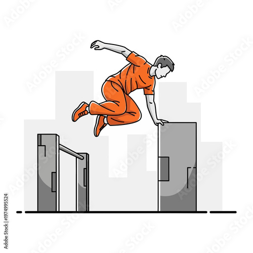 Dynamic Urban Athlete Performing Parkour Over Obstacles