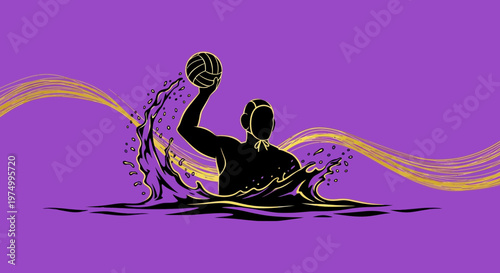 Dynamic Water Polo Action Silhouette With Golden Waves In Purple Background