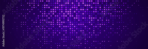 Abstract tech pixel background. Finance grid. Digital frame. Glowing purple squares on dark background. Business bg. Blue mosaic. Futuristic, tech-style template. Vector Illustration