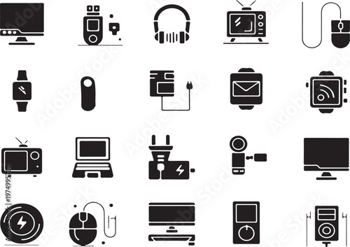 Black silhouette icons representing various electronic devices and computer hardware monitors headphones smartphones