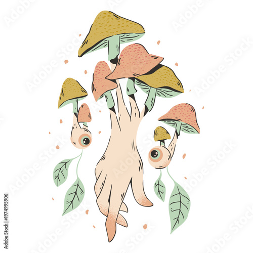 Hand with mushrooms and leaves on it