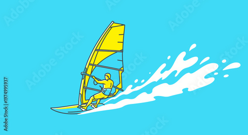 Dynamic Wind Surfer Riding Waves Minimalist Style Illustration