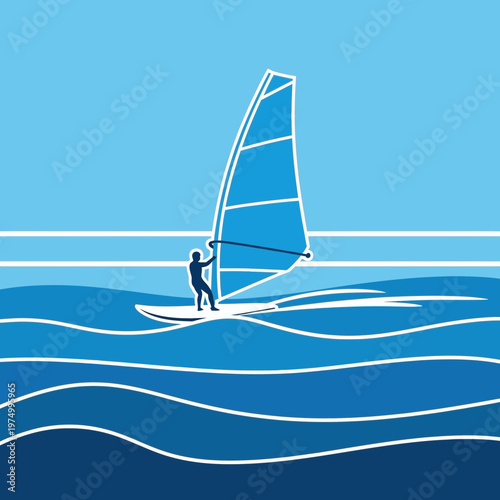 Dynamic Wind Surfer Riding Waves Under A Clear Blue Sky