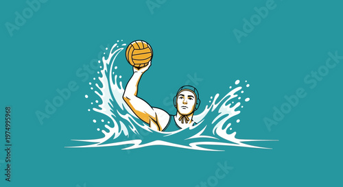 Dynamic Water Polo Athlete Mid-Action With Ball Surrounded By Splashing Water