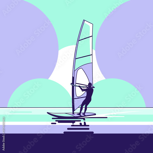 Dynamic Wind Surfer Silhouette Against Abstract Sky Background
