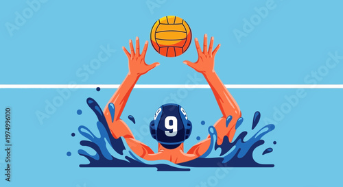 Dynamic Water Polo Player Reaching For Ball In Pool Splash