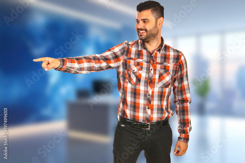 Man points forward with confident gesture