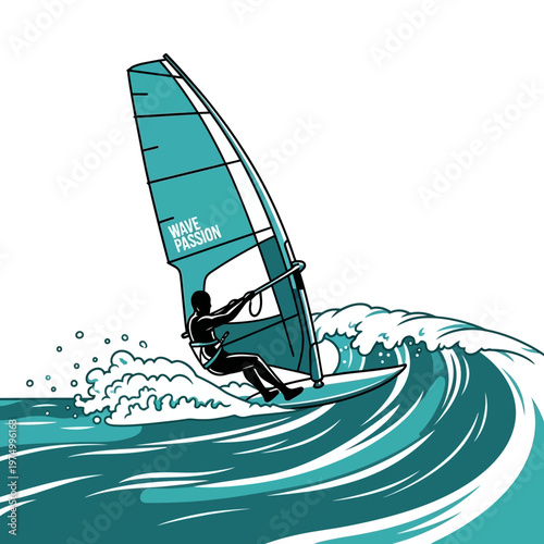 Dynamic Wind Surfing Action On Turquoise Ocean Waves