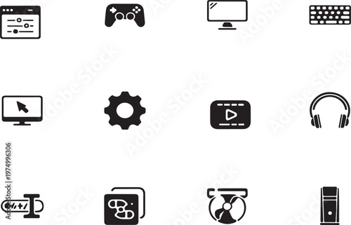 Collection of dark icons representing computer hardware gaming accessories digital media elements monitors keyboards