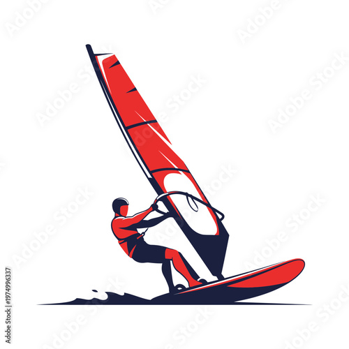 Dynamic Windsurfer Action Sport Silhouette Illustration on Water