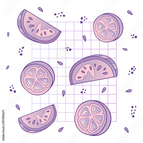 Purple slices of fruit on a grid