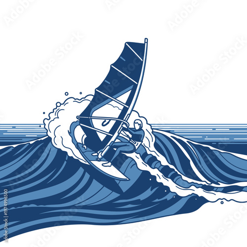 Dynamic Windsurfer Catching Wave Action Illustration Style
