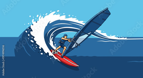 Dynamic Windsurfer Conquering A Majestic Ocean Wave In Action