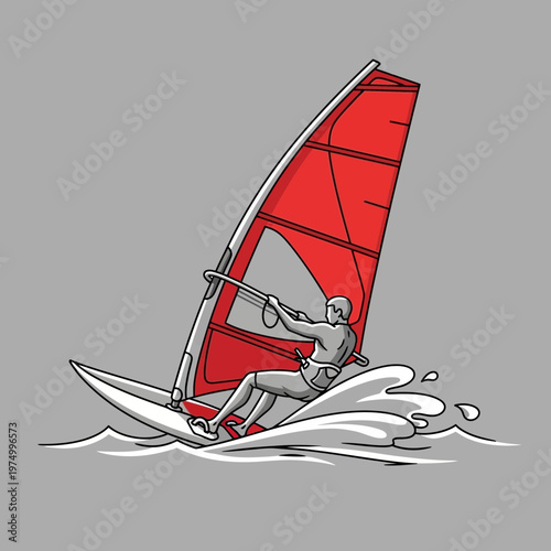 Dynamic Windsurfer Gliding Across Ocean Waves In Vibrant Red Sail