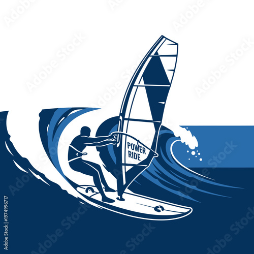 Dynamic Windsurfer Riding A Breaking Wave Artistic Vector Illustration