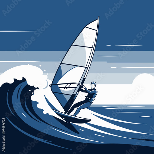 Dynamic Windsurfer Riding A Crashing Ocean Wave