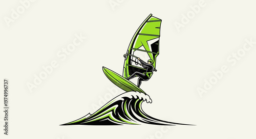 Dynamic Windsurfing Action Graphic On Stylized Wave Vibrant Green