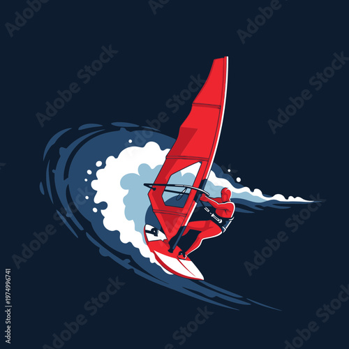 Dynamic Windsurfer Riding A Crashing Wave With Red Sail