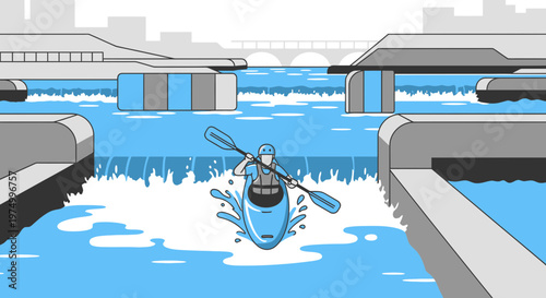 Dynamic Whitewater Kayaking Adventure in Urban Rapids Illustration