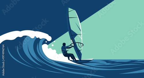 Dynamic Windsurfer Riding A Large Wave