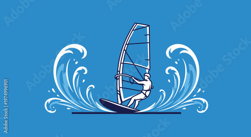 Dynamic Windsurfing Action Illustration On A Vibrant Blue Background