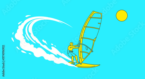 Dynamic Windsurfer Riding A Wave Under The Summer Sun