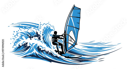 Dynamic Windsurfer Riding A Wave With Blue Sail And Stylized Water Motion