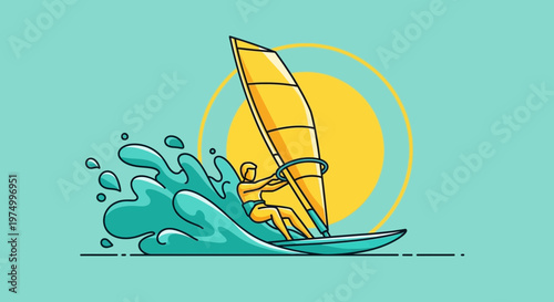 Dynamic Windsurfer Riding Ocean Waves Under Bright Sun Minimalist Vector Art