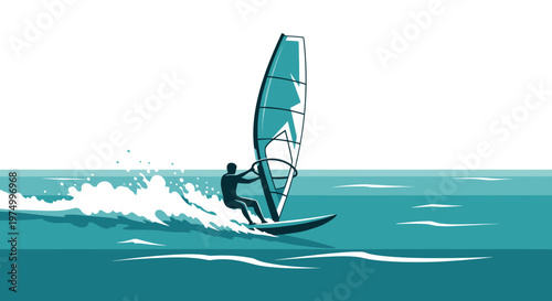 Dynamic Windsurfer Riding Turquoise Waves Under Clear Skies