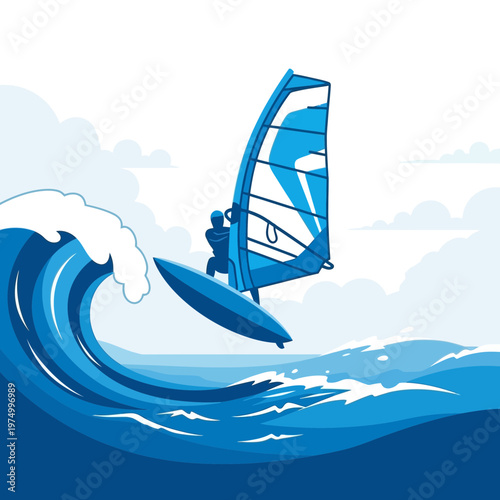 Dynamic Windsurfer Riding a Wave With Vibrant Blue Hues