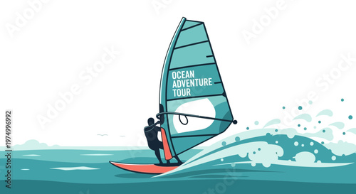 Dynamic Windsurfer Riding Ocean Waves on Adventure Tour
