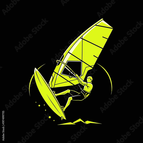 Dynamic Windsurfer Riding Waves On A Bright Yellow Sailboard